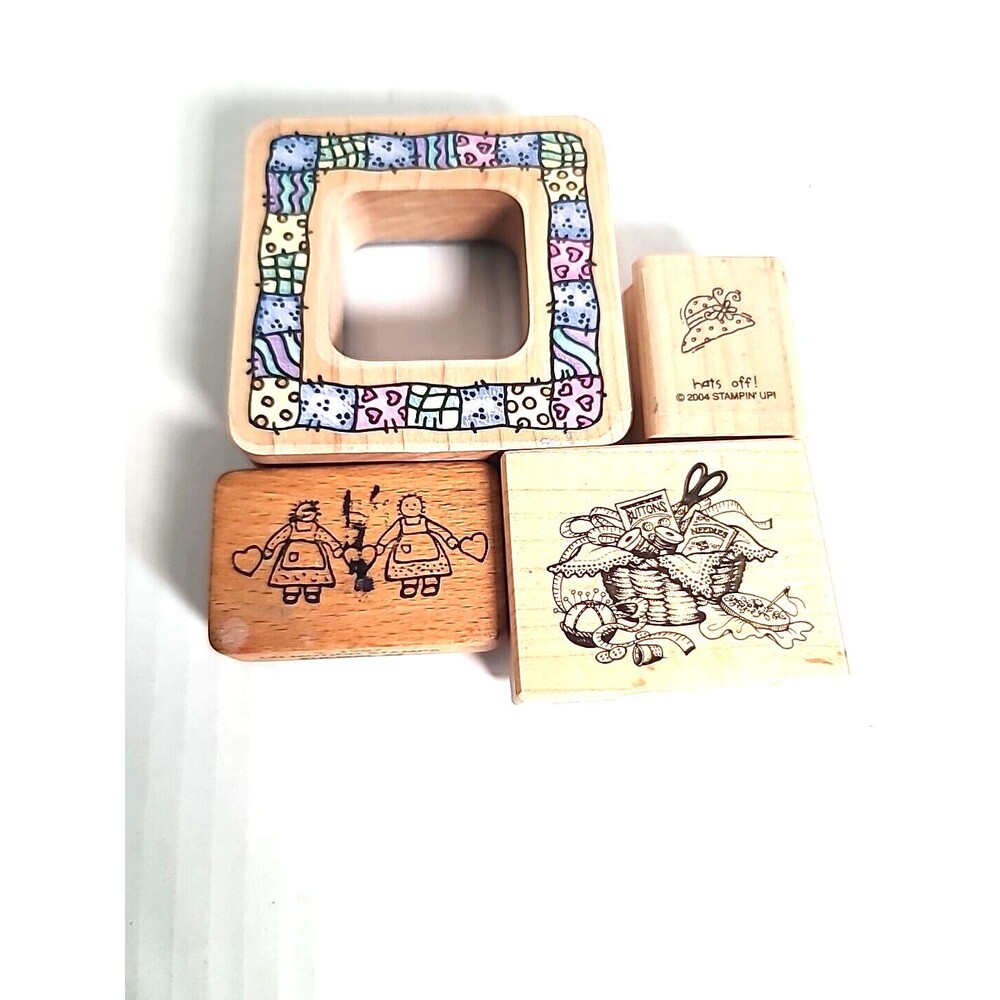 Vintage Lot of 4 Wooden Rubber Stamps Patchwork Sewing Scrapbooking Stamping